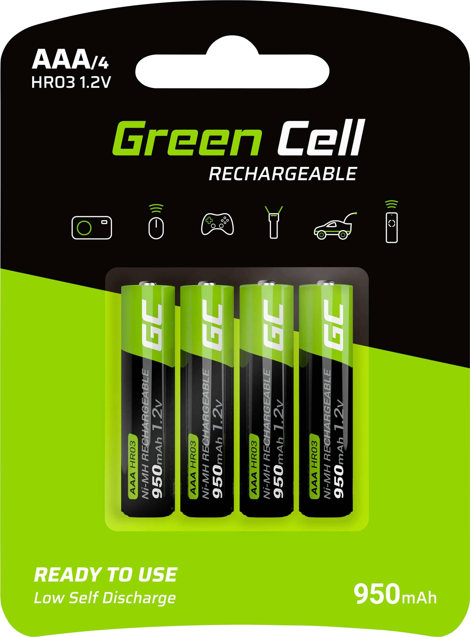Four AAA batteries by Green Cell in a black and green package. They are rechargeable with a 950 mAh capacity.