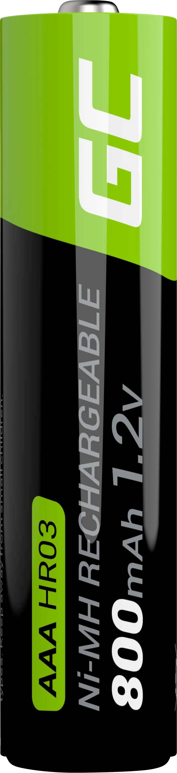 Rechargeable AAA battery, 1.2V, 800mAh, Ni-MH, green-black casing, standing upright.
