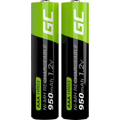 Two rechargeable AAA batteries with 950 mAh and 1.2 V, with text on the front reading: 'Ni-MH rechargeable'.
