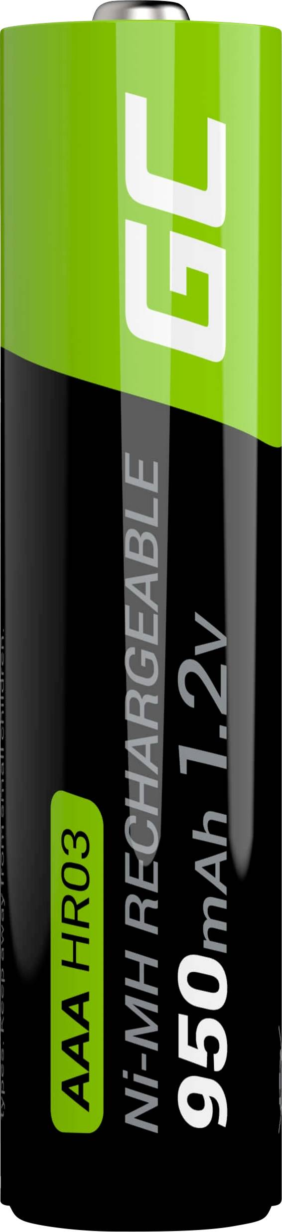 Rechargeable AAA Battery, 1.2V, 950mAh, Ni-MH Technology, Black and Green Casing.