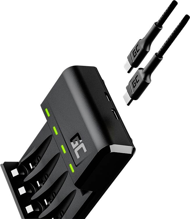 Four-way charger with LED indicators and two USB-C cables, suitable for batteries.