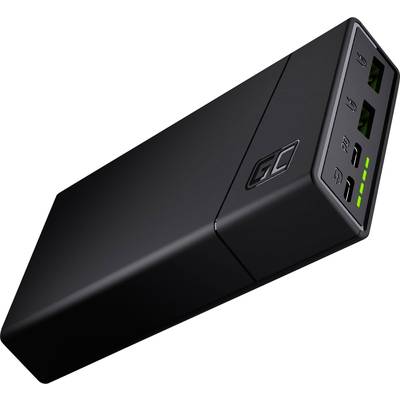 A black power bank with multiple ports and LED lights, indicating the charging status.