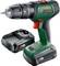 Cordless drill with a green casing and red button, Bosch brand. A battery and charger are depicted beside it.
