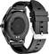 Black smartwatch viewed from behind, rectangular case, rubber strap with buckle. Model and battery information on the back.