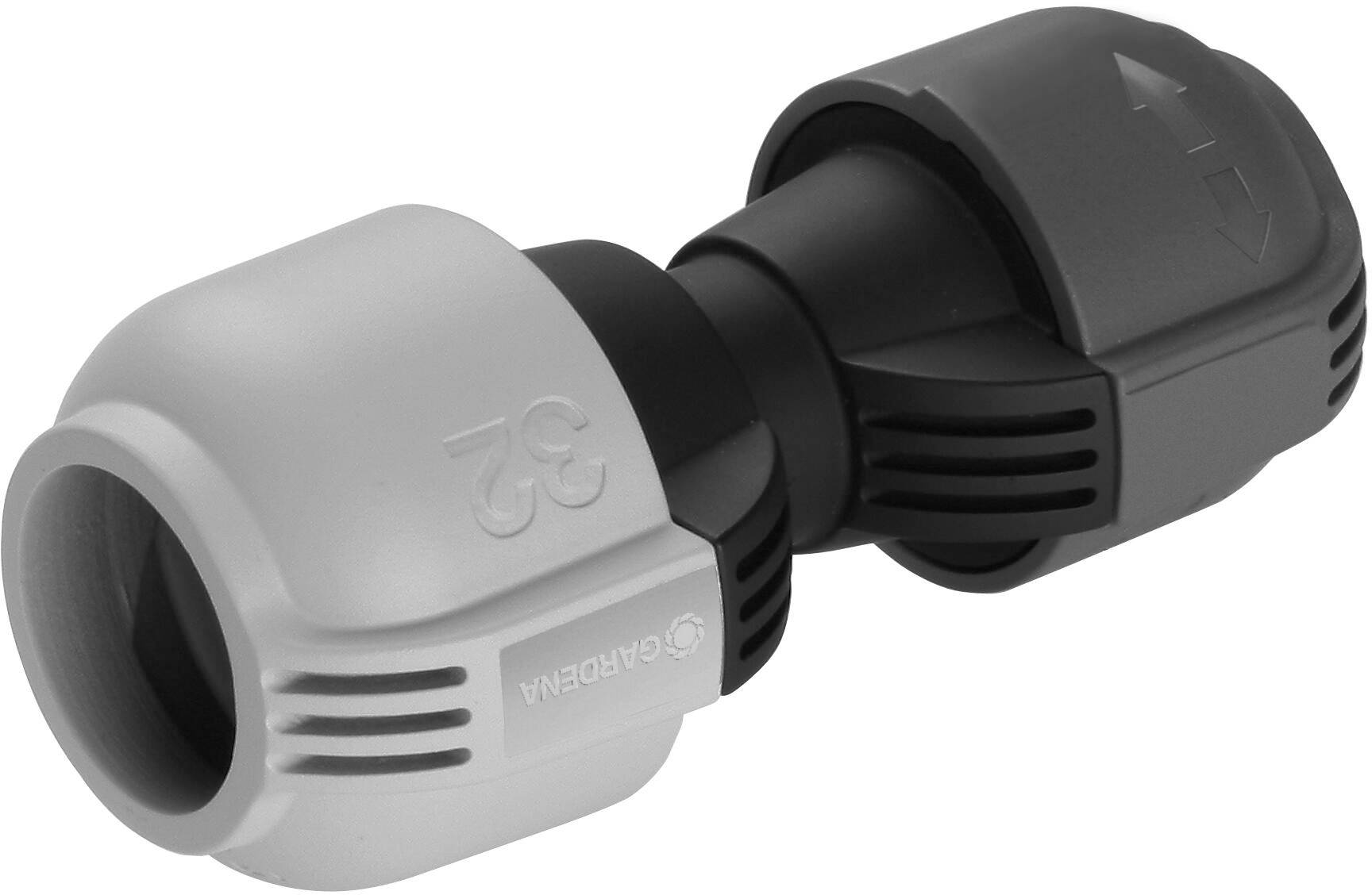 'Grey garden hose connector with black accents, for connecting hoses of different sizes, in profile view.'