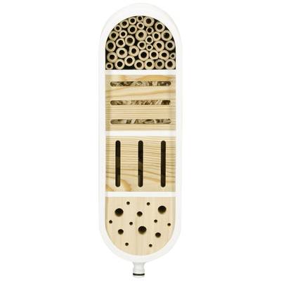 'Insect hotel with multiple chambers for breeding sites, made from bamboo and wood, serves to protect and provide habitat for various insect species.'