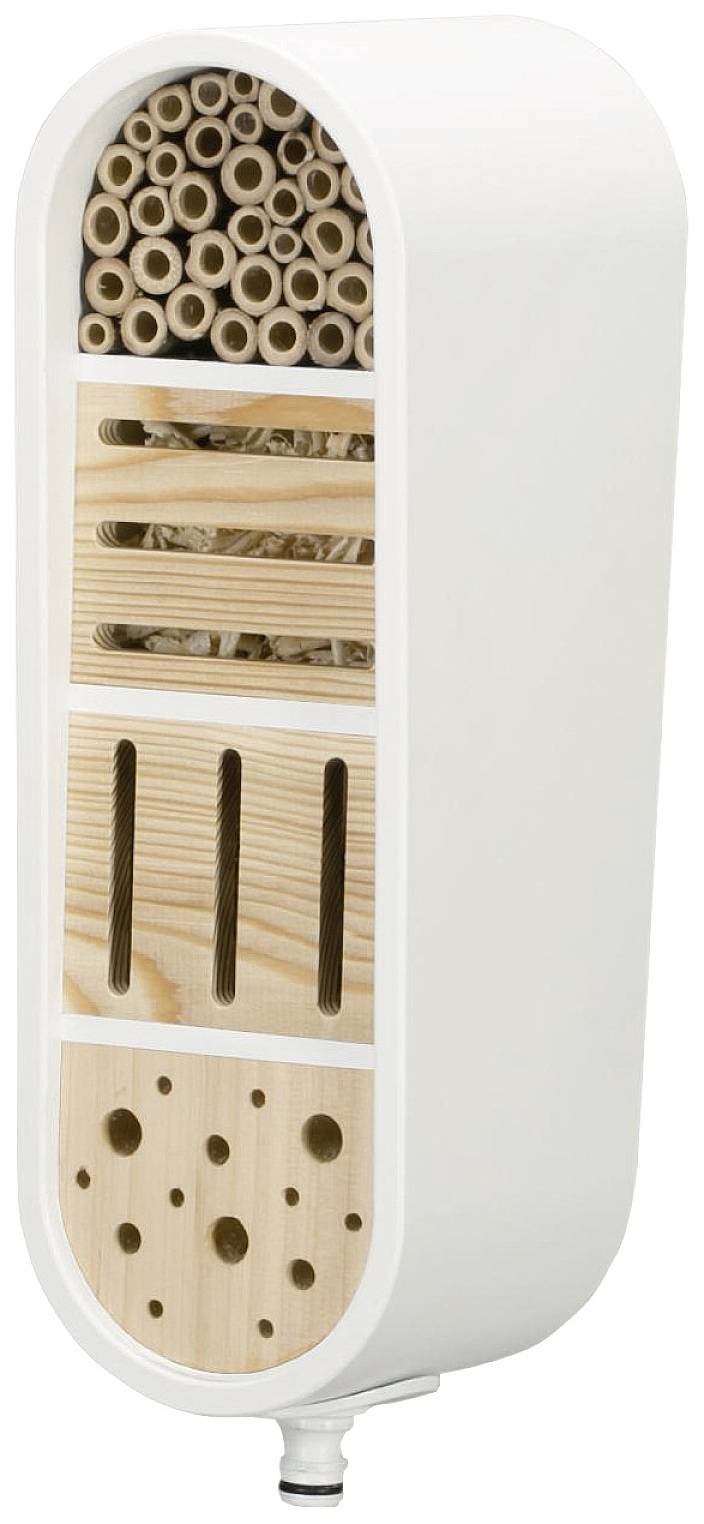 Wooden and plastic insect hotel with multiple compartments filled with bamboo tubes and slits to promote biodiversity.