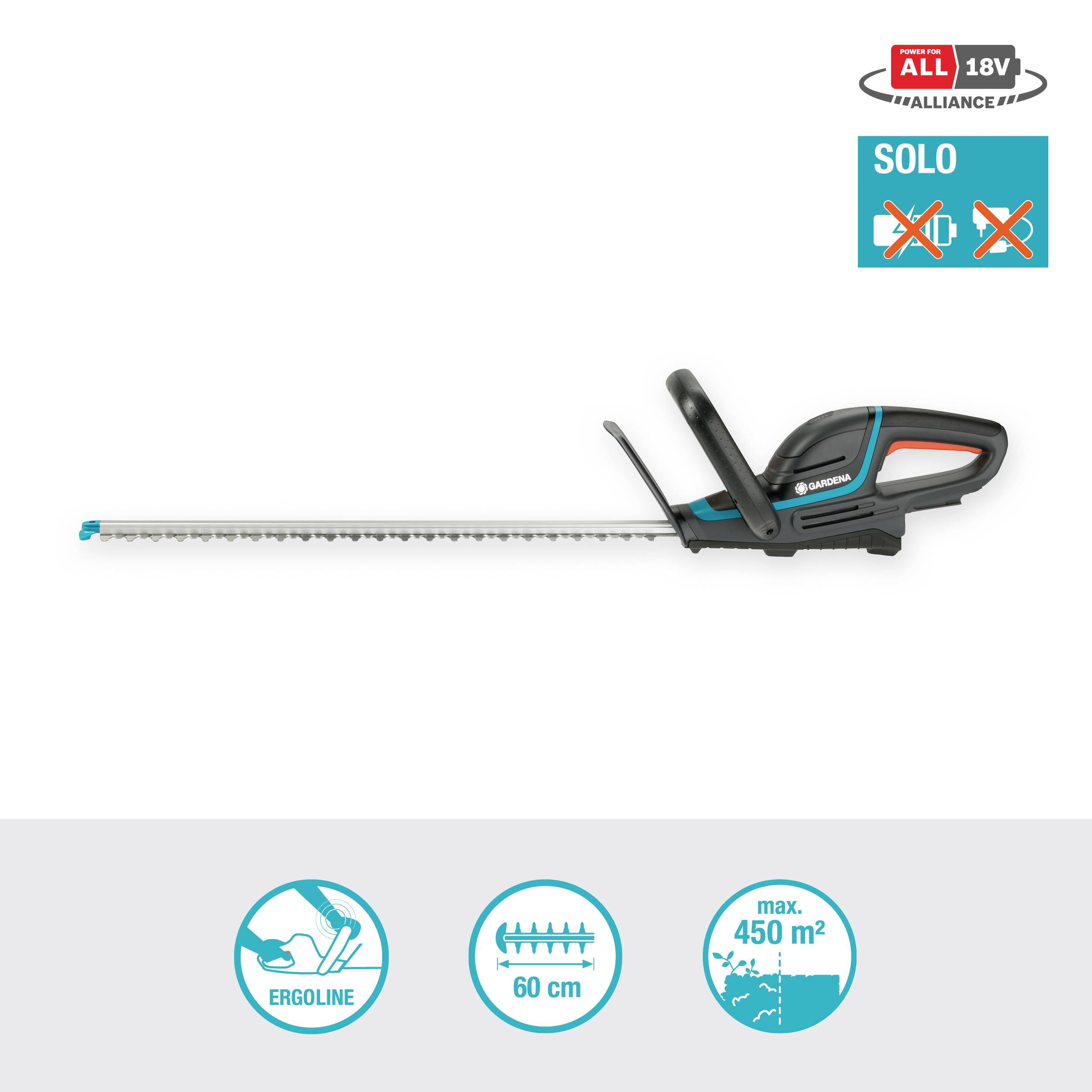 Battery-powered hedge trimmer with 60 cm blade length, suitable for up to 450 m². Ergonomic design, supplied without battery and charger.
