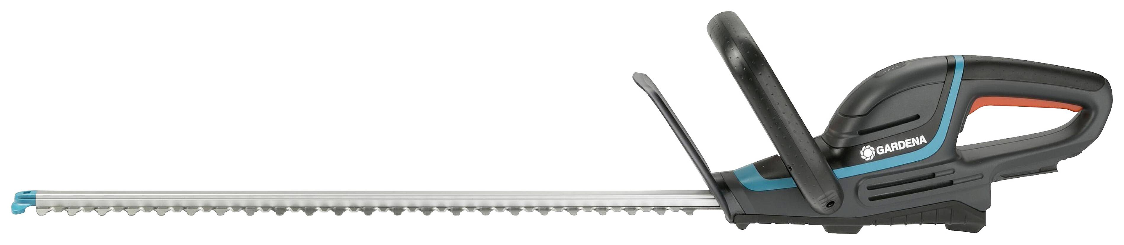 Battery-powered hedge trimmer with ergonomic handle and long double-cutting blade, ideal for precise and efficient hedge trimming.