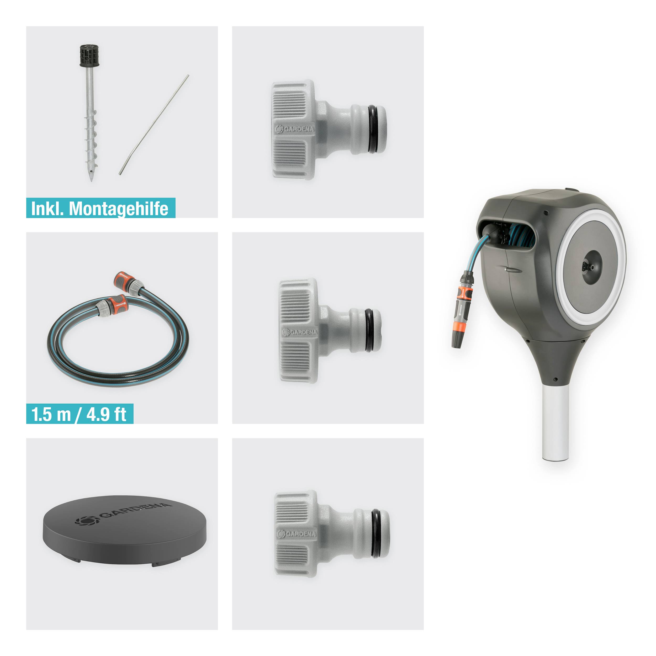 Contents of the image: Hose box set with wall mounting and accessories, such as connectors and hose, presented on a grey background.