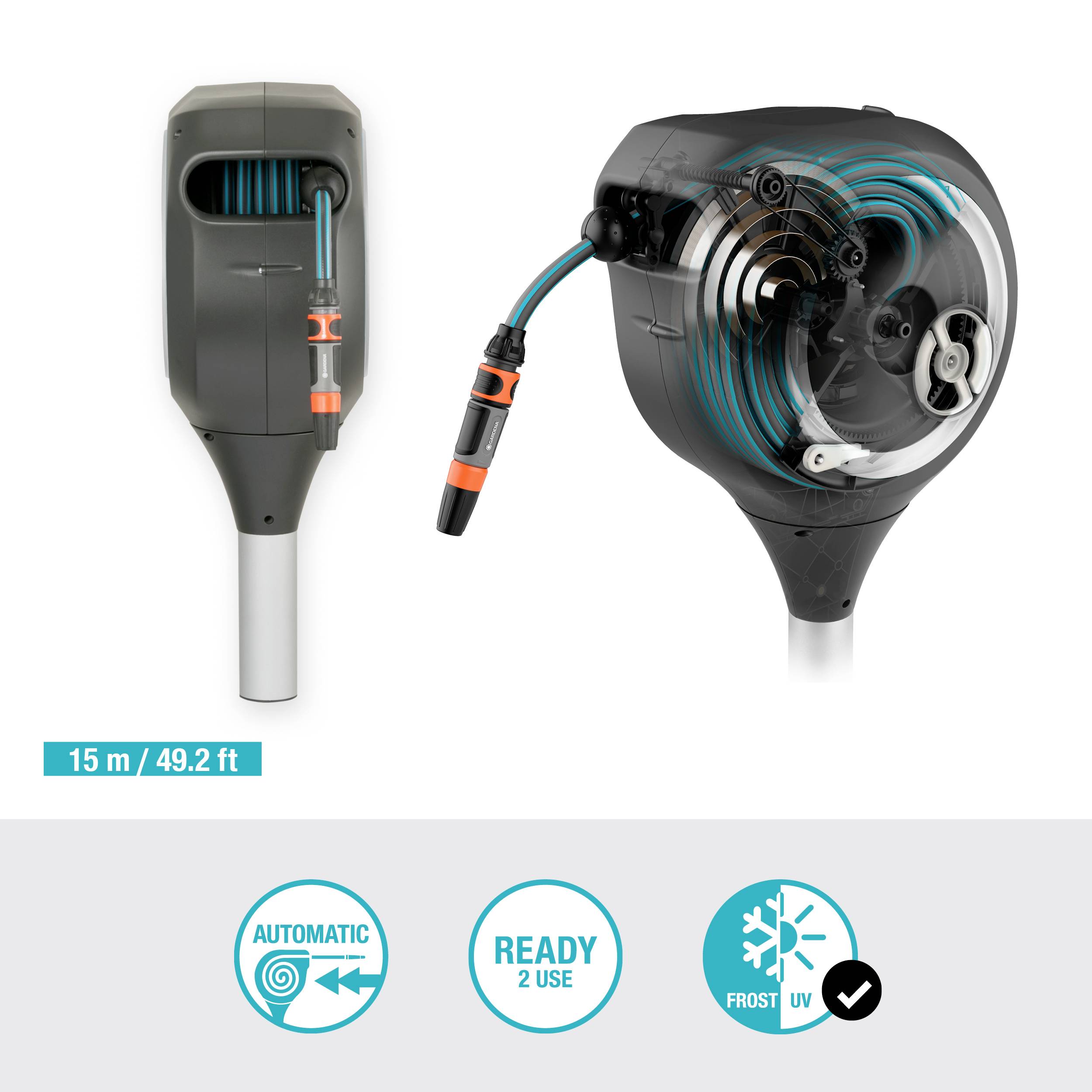 Wall-mounted automatic hose reel with 15 m hose. Icons indicate automatic rewinding, operational readiness, and frost protection.