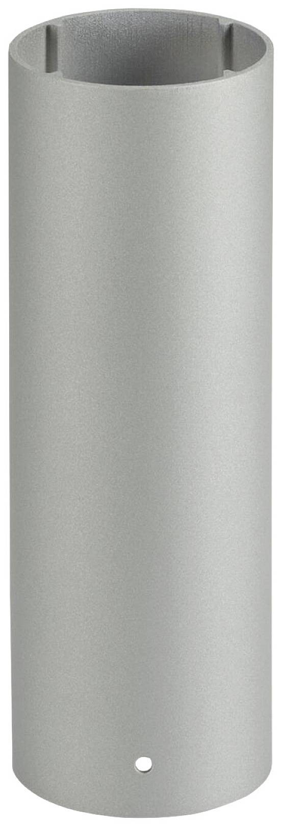 Cylindrical silver metal tube, standing vertically, with a smooth surface and a small opening near the base.