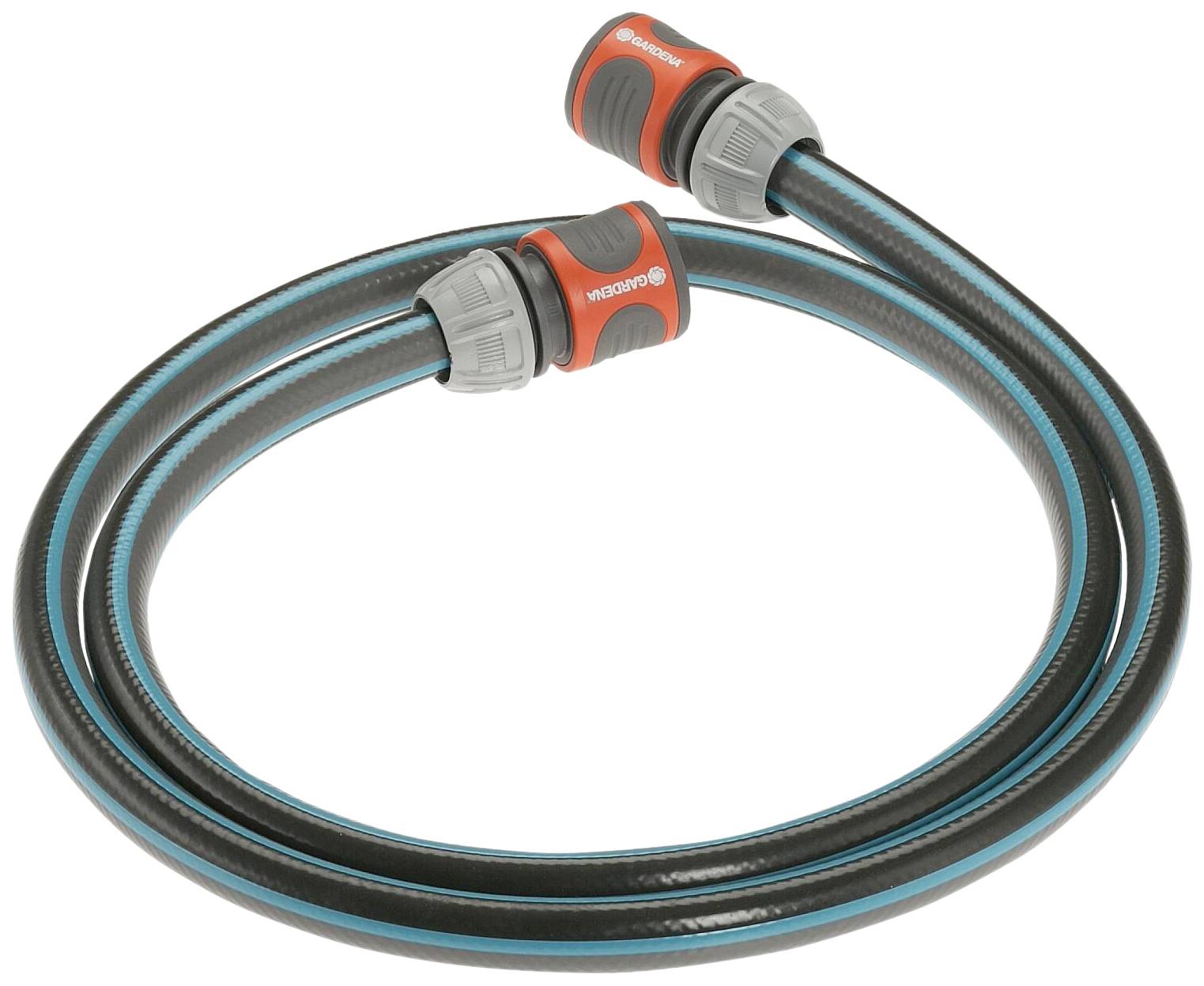 A black garden hose with blue stripes and grey and red connectors, laid in a loop.