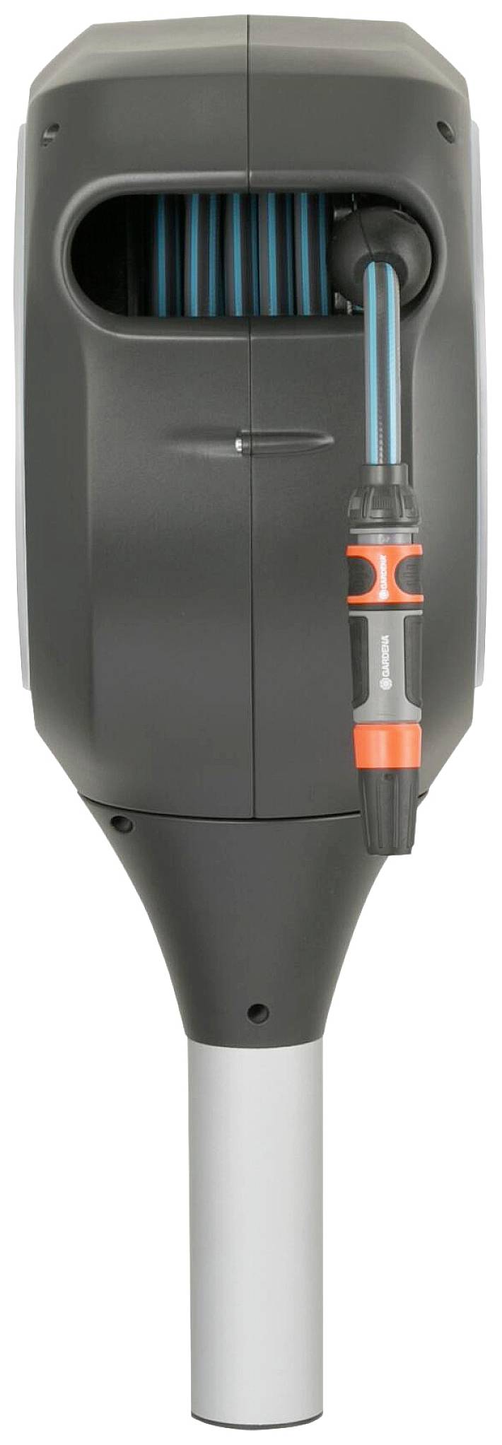 Electric charging point with a black housing and blue cables, suitable for electric vehicles.