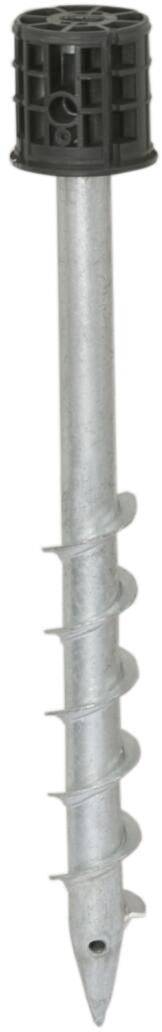 Metal screw anchors with spiral threads and a black plastic head, suitable for stable ground anchoring.