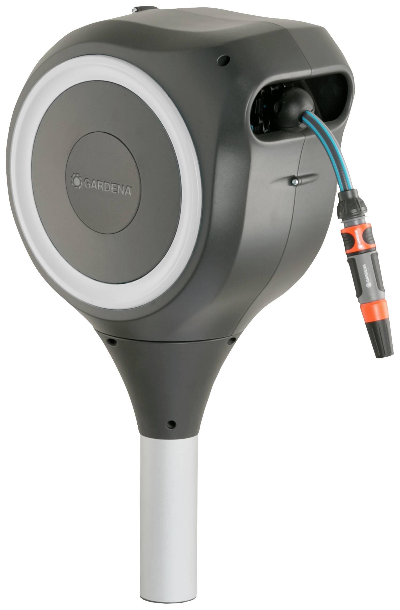 Black and grey Gardena hose box with extendable garden hose, mounted on wall bracket, featuring an orange connector.