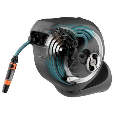 Automatic garden hose reel with visible mechanism, displaying internal reels and connections for water hose attachment.