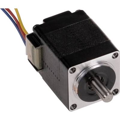 A black stepper motor with a silver front plate and coloured cables.