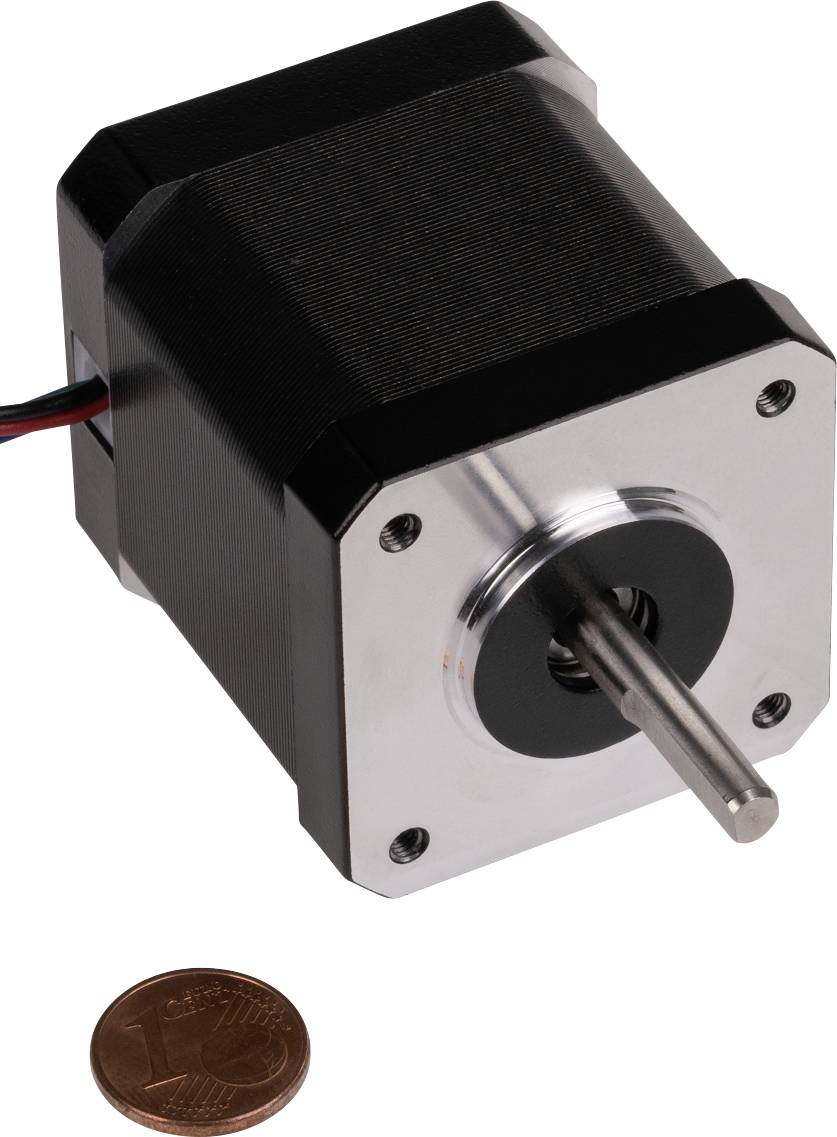 'A stepper motor next to a one-cent coin, illustrating the size comparison. The motor is black with a metal flange.'