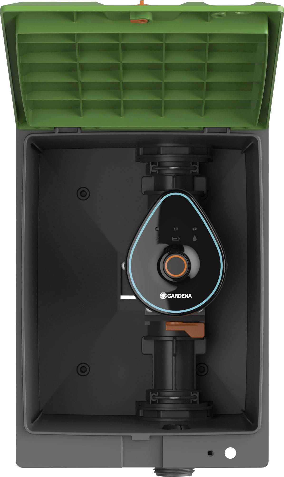 Automatic garden irrigation control by Gardena in an open casing with a central rotary dial and digital displays.