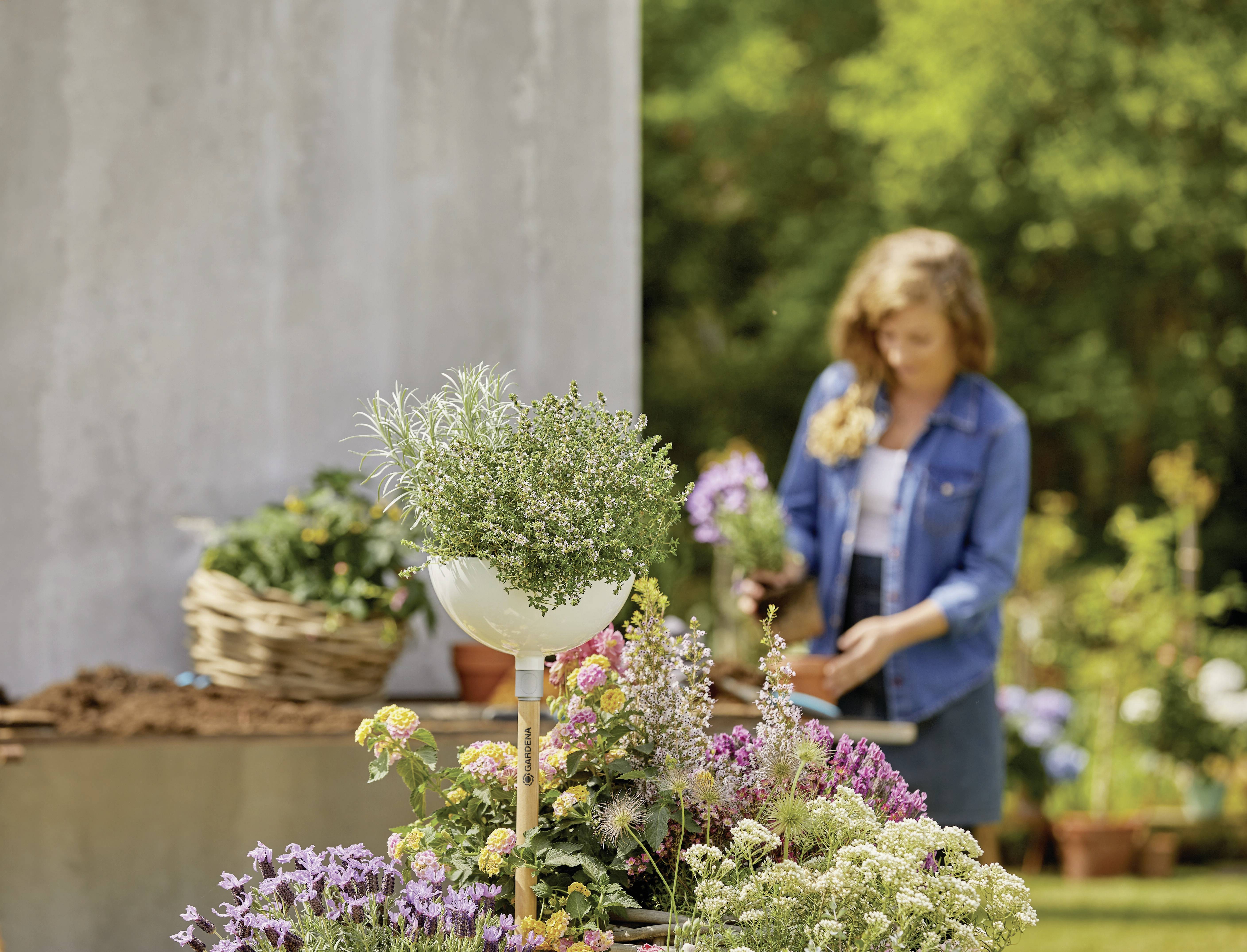 A woman tends to flowers in the garden. In the foreground, various blooming plants can be seen in a planter.