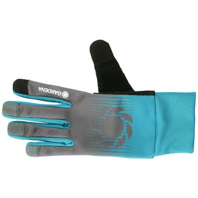 A grey and turquoise winter glove with black inner lining is displayed on a white surface.