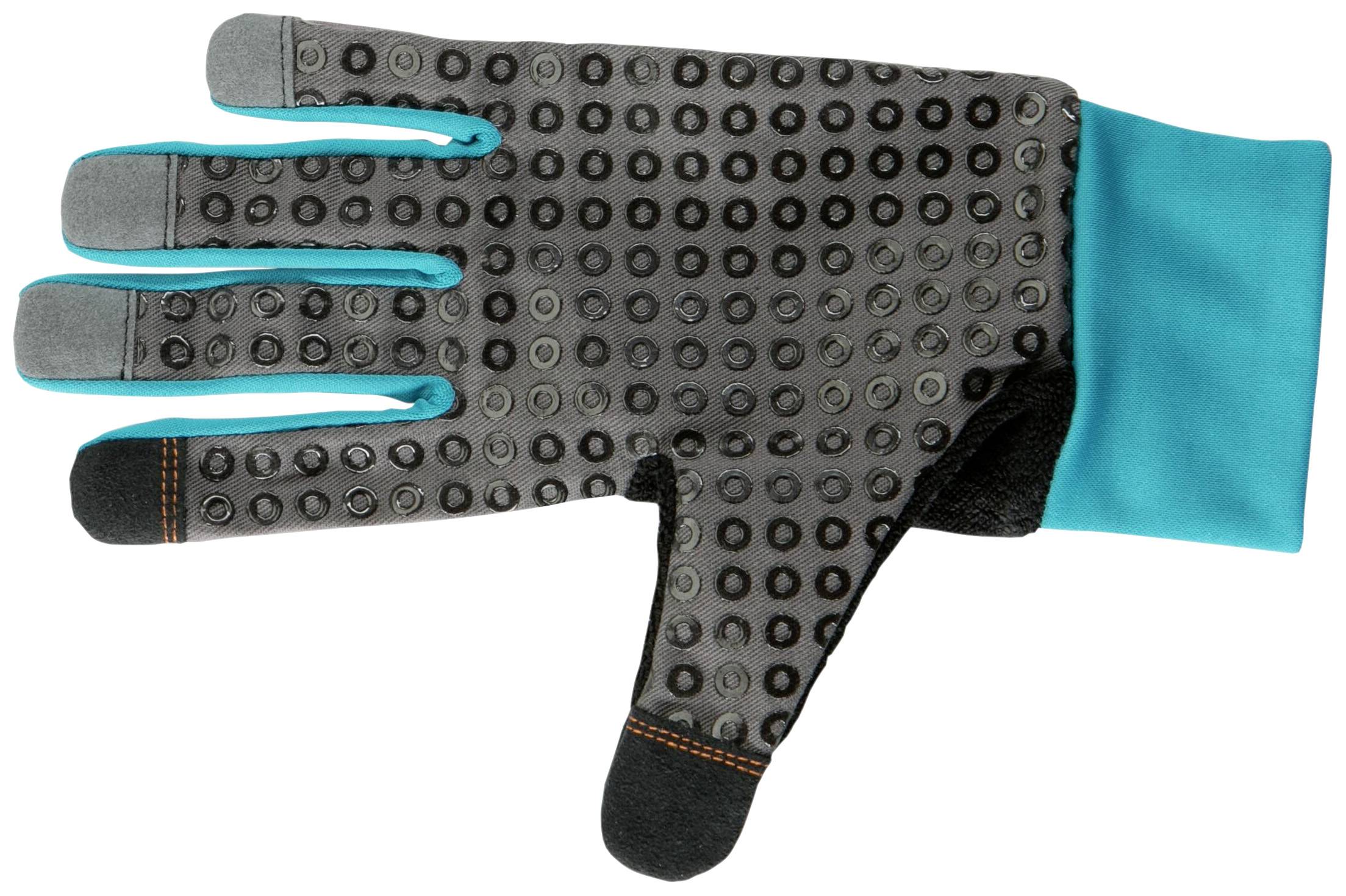 'Grey glove with black dots, cyan accents on the fingers, and a cyan cuff, viewed from above, laid flat.'