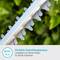 Close-up of a hedge trimmer with robust blades. Caption: 'Perfect Cutting Results – Long-lasting and Robust Blades for Precise Outcomes.'