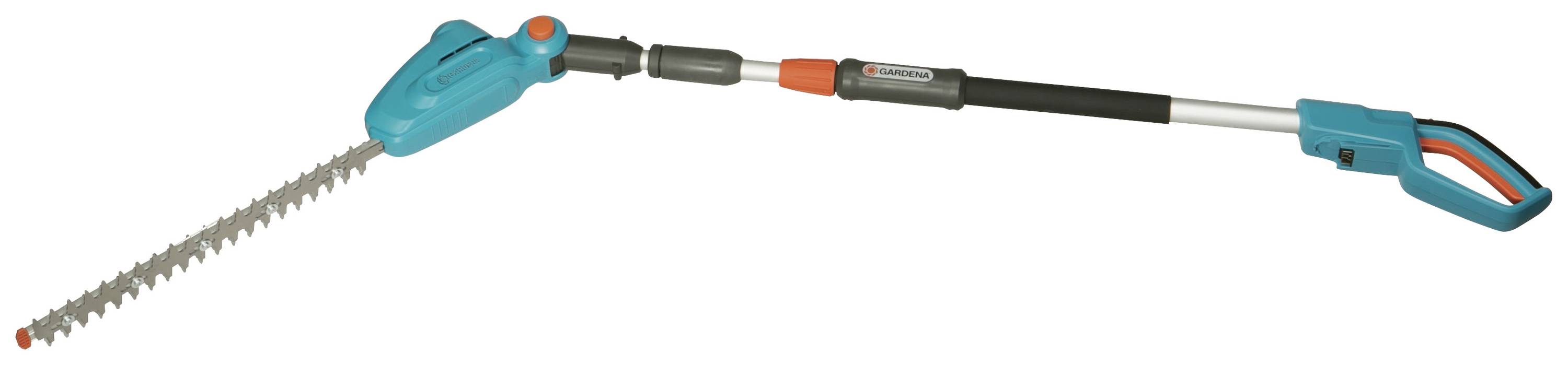 Electric telescopic hedge trimmer with long handle and sharp cutting blade, suitable for trimming high and hard-to-reach hedges.