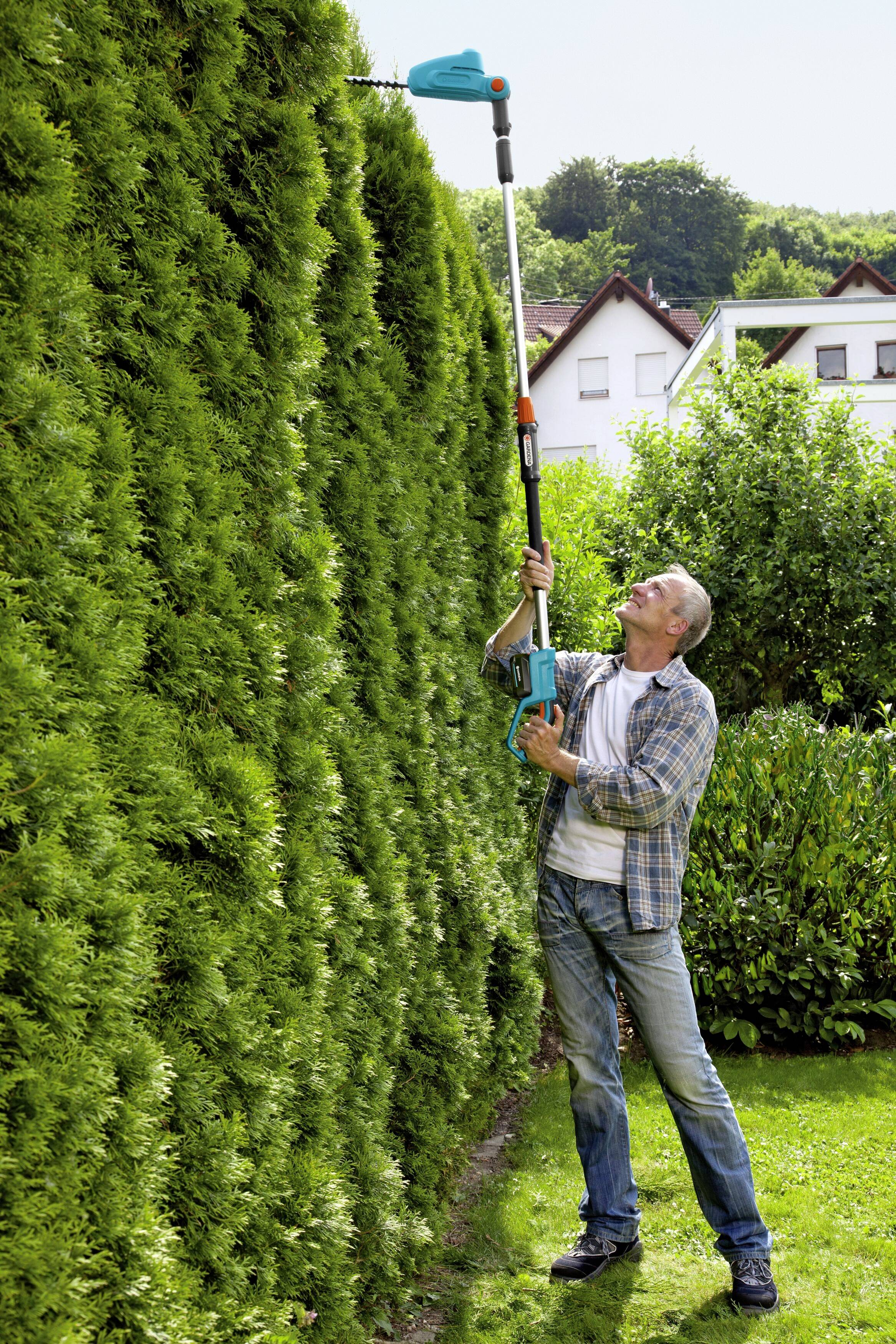 An elderly man is trimming tall hedges with an electric hedge trimmer in a garden during daylight. Houses are visible in the background.