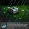 Robotic lawn mower on grass with rain effects. Text explains that it operates in all weather conditions and manages gradients up to 25%.