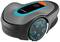 Grey and black robotic lawn mower with blue accents, oval in shape, rectangular orange button, brand logo visible on top.
