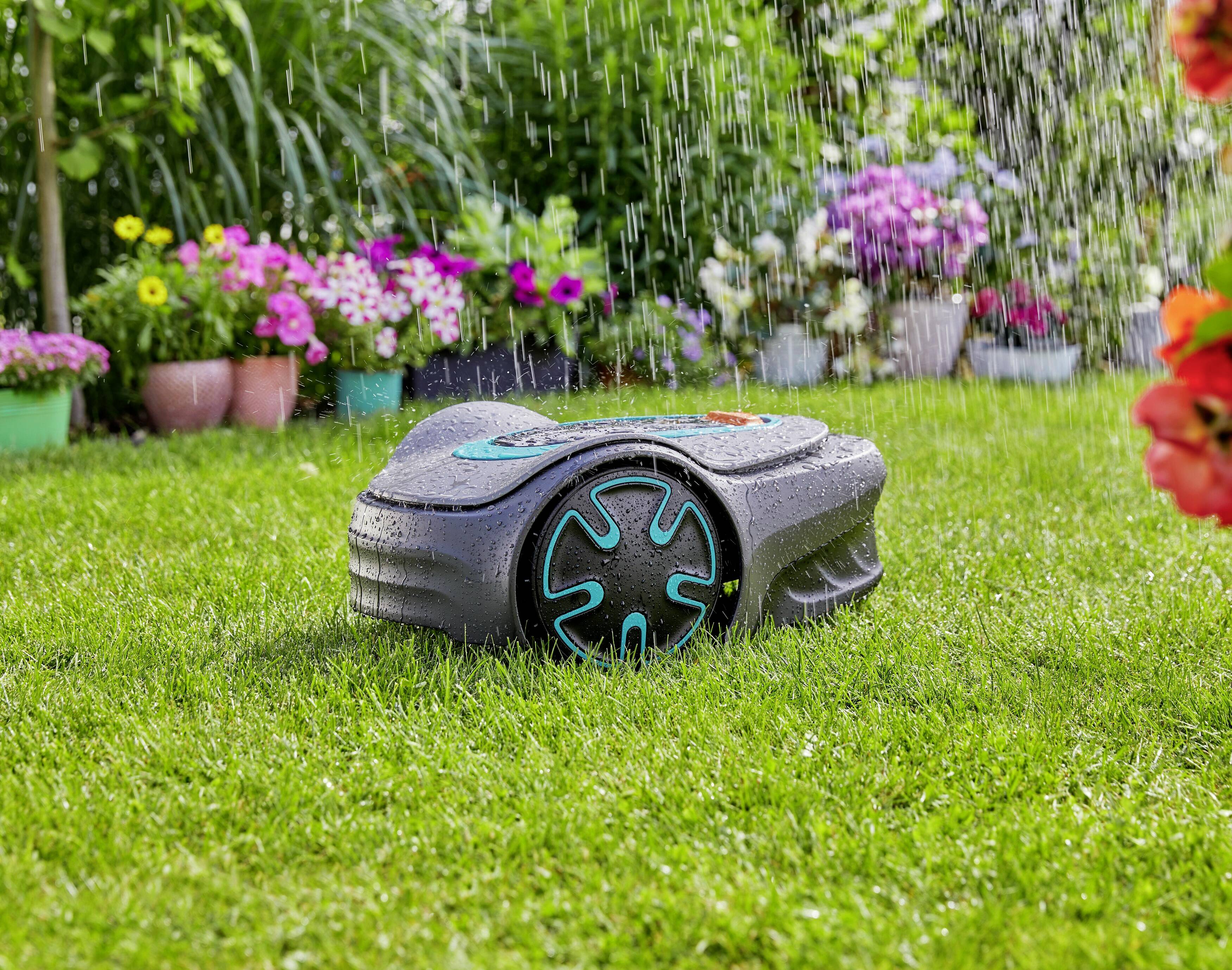 A robotic lawnmower is mowing in a flowering garden during rainfall. Colourful flowers and potted plants can be seen in the background.