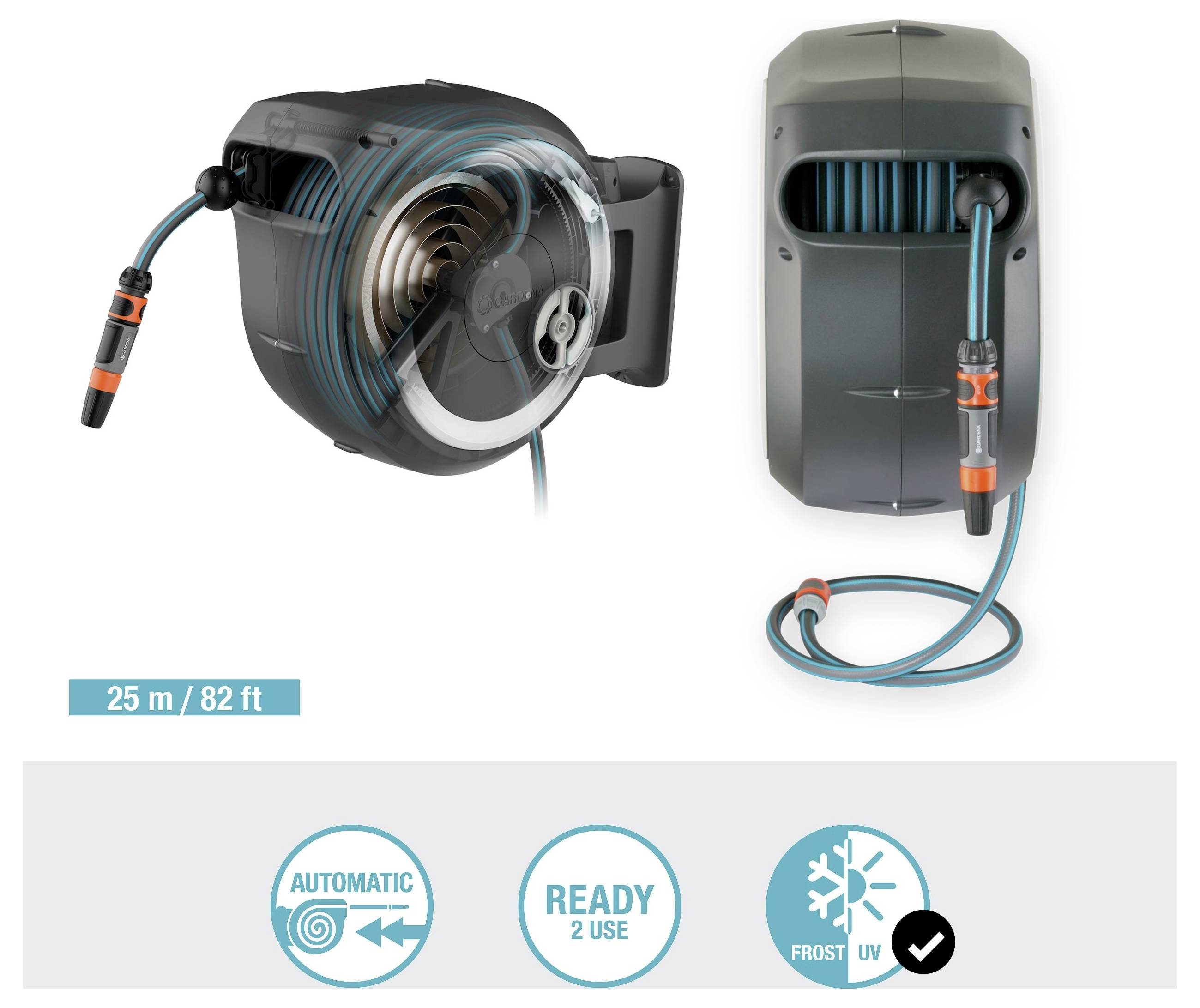 'Automated hose reel, 25 m/82 ft, features include automatic retraction, ready to use, frost and UV protection.'