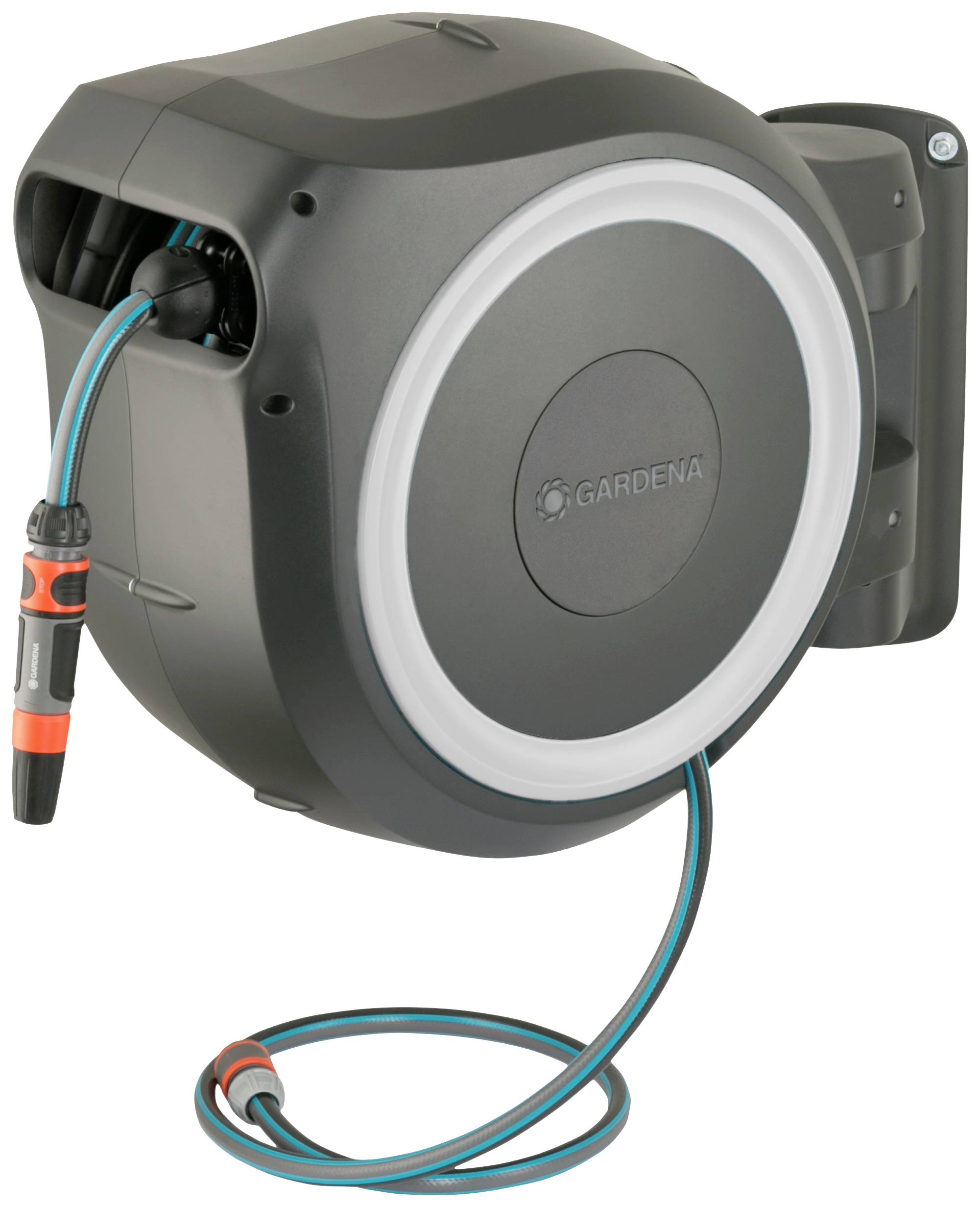 Garden hose reel mounted on a wall with the hose coiled, brand logo and spray nozzle visible.