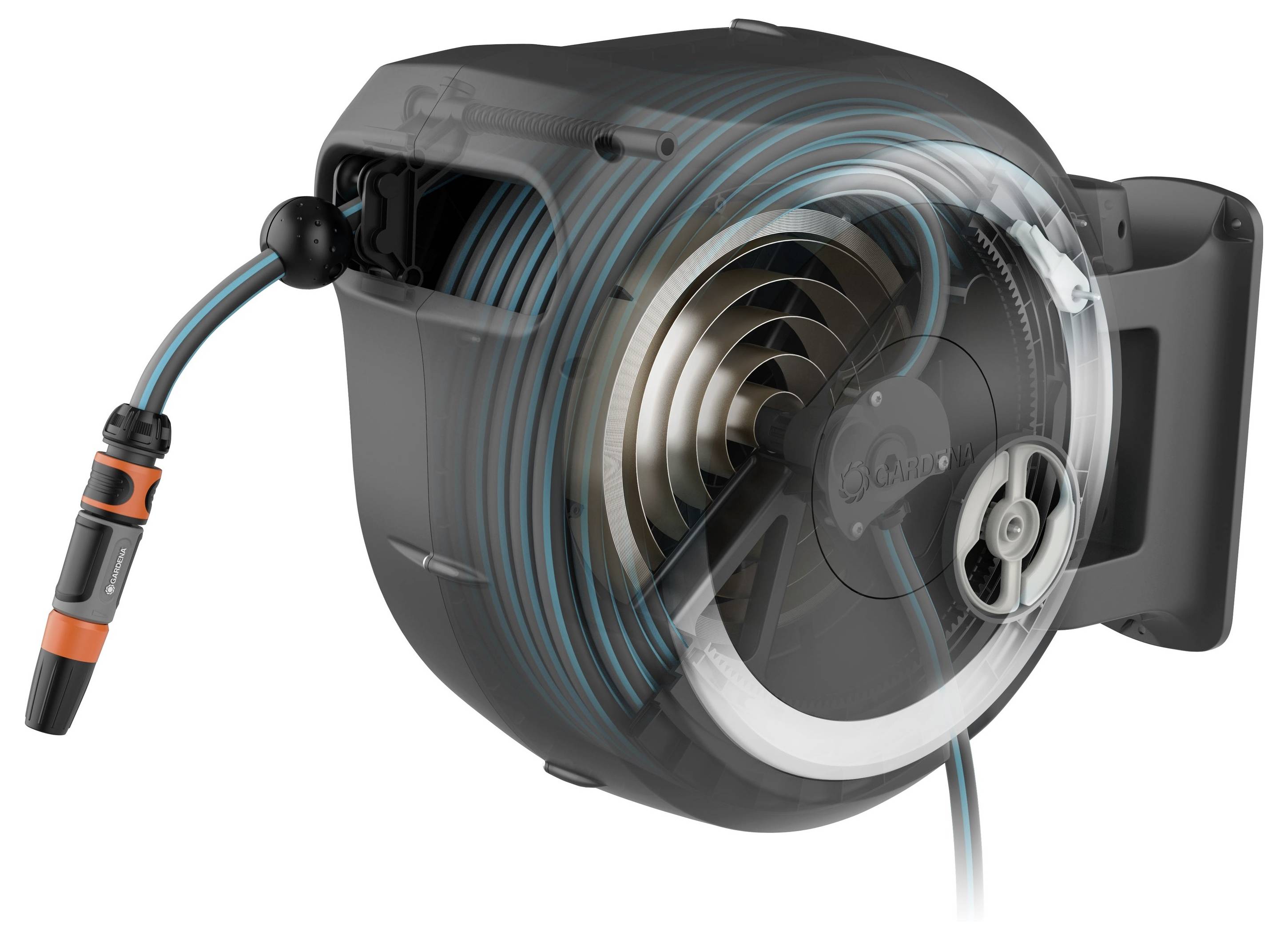 Retractable garden hose reel with a wall-mounted design, showing internal mechanisms for smooth retraction and a handle for manual operation.