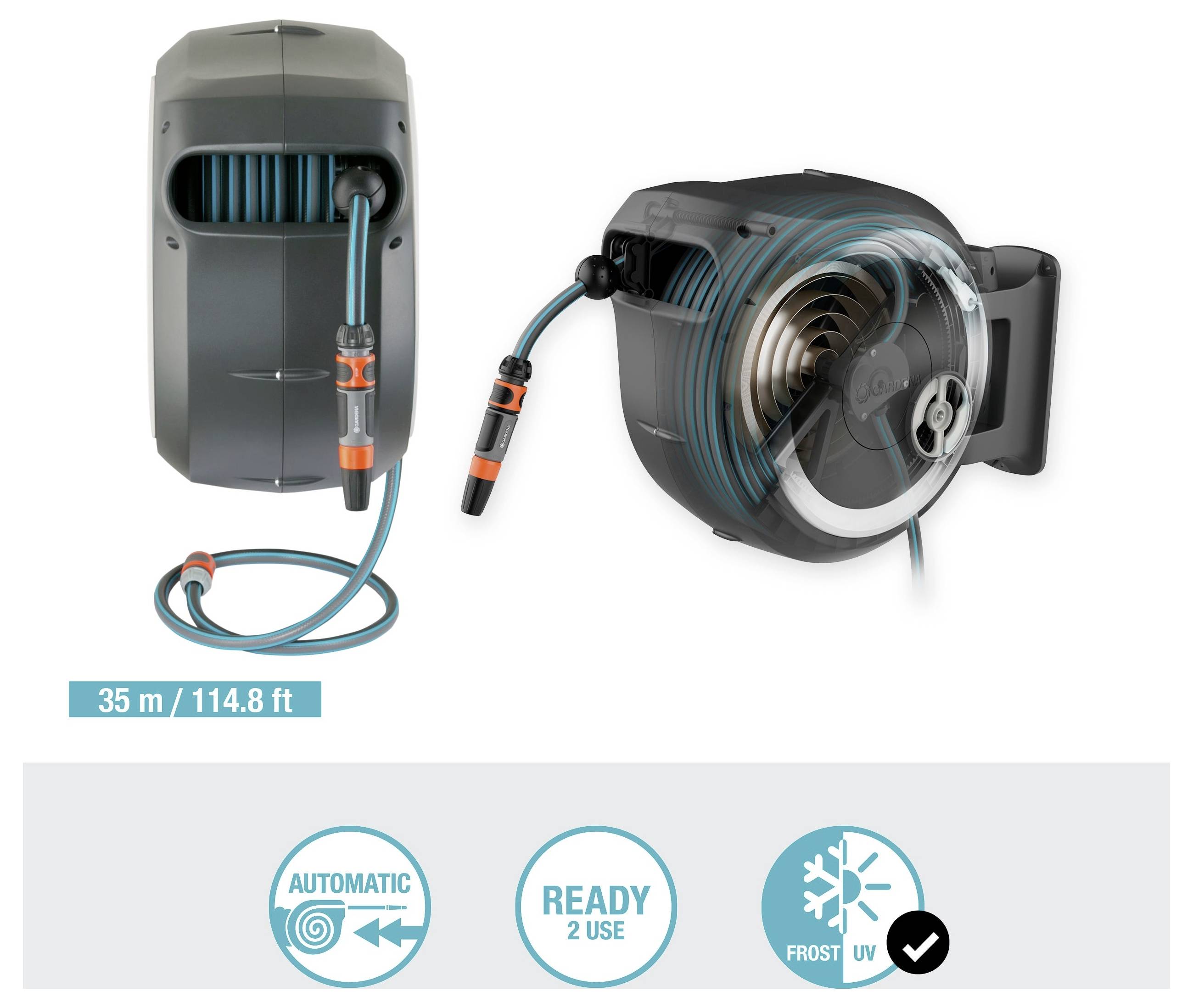 'Hose reel with automatic winding system and frost protection, includes a 35 m (114.8 ft) hose. Features automatic rewinding, ready to use, frost and UV resistance icons.'