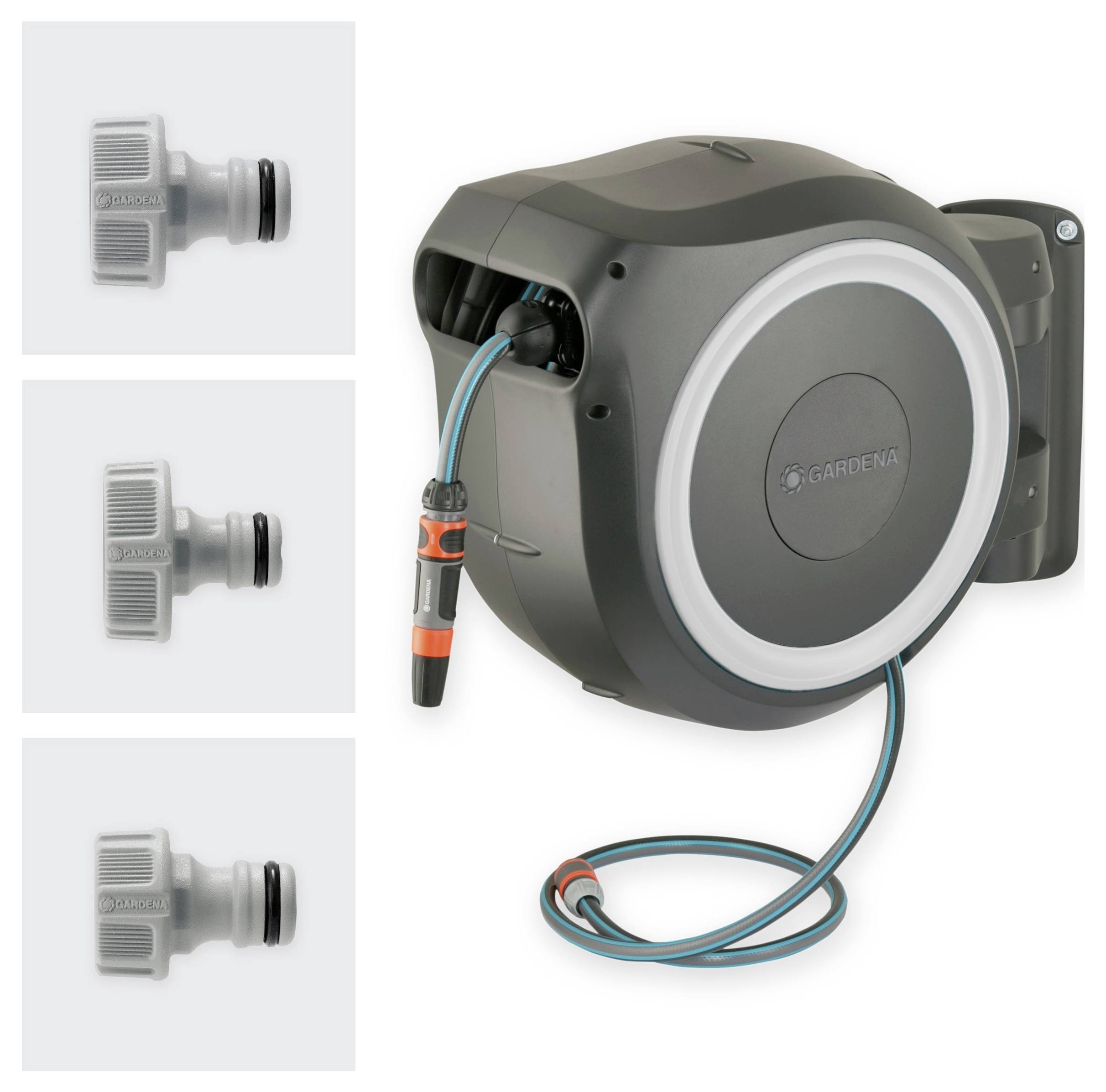 'Gardena wall-mounted retractable hose reel with three different hose connectors, featuring a durable design and compact installation.'