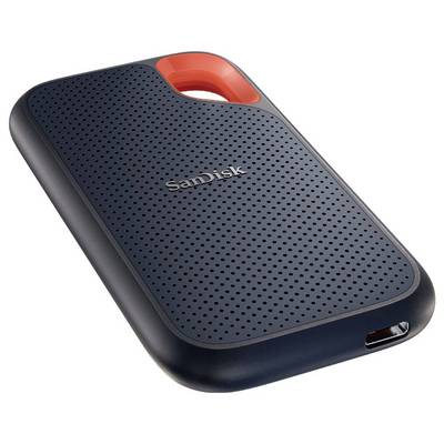 External SanDisk hard drive with rounded corners, black perforated surface, and orange accent in the upper section.