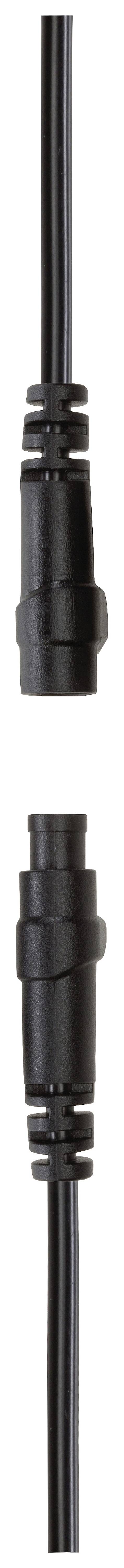 Two identical black cable connectors, each with two ridges, vertically arranged one above the other.