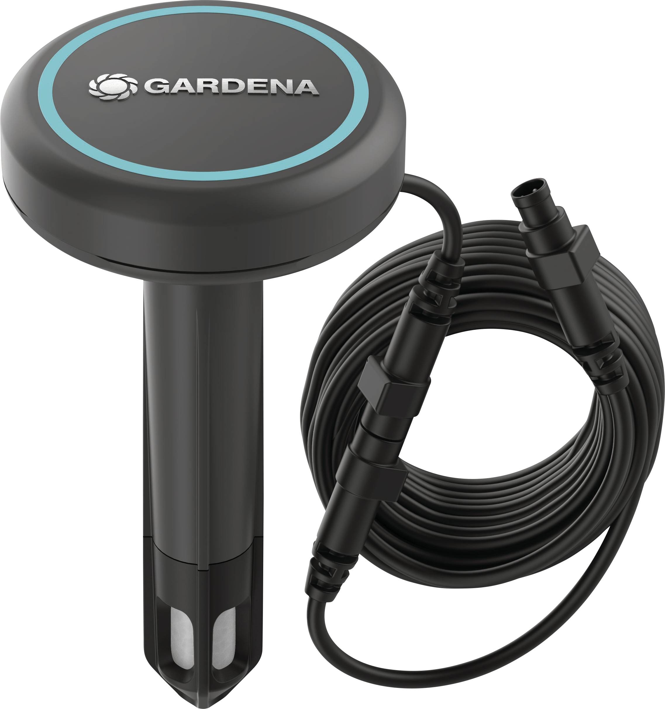Garden irrigation sensor with cable. Measures soil moisture for optimised water usage. Black design with brand logo.