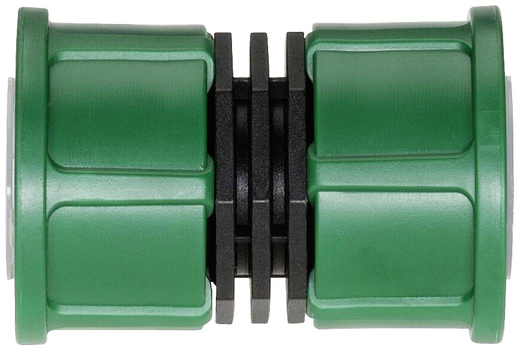 Green plastic garden hose connector comprising two green end pieces and a black central component.
