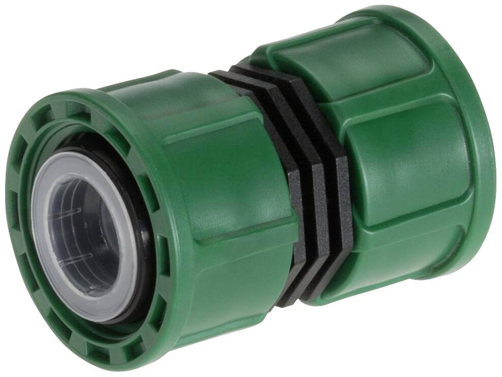 A green garden hose connector with black plastic rings for joining two hose ends.