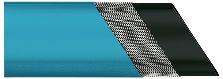 Cross-section of a blue rubber hose with black and silver textile braiding; shows the internal structure of the hose.