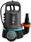 A black submersible pump by Gardena with a blue ring and orange valve. It is suitable for pumping clear water.
