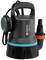 A black submersible pump with blue and orange details, suitable for pumping clear water.