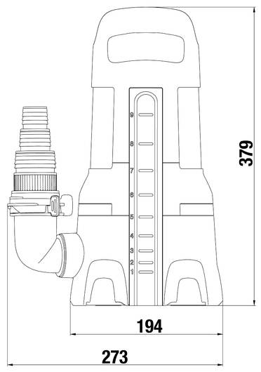 'Drawing of a submersible pump with dimensions: height 379 mm, width 273 mm, outlet diameter 194 mm.'