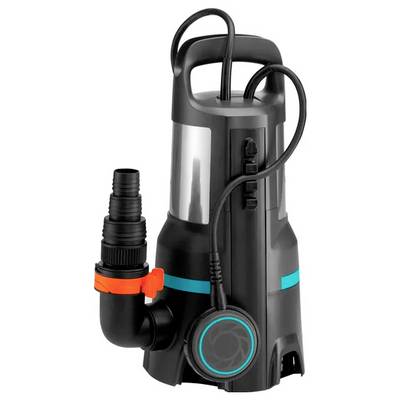 A black submersible pump with integrated hose connection and cable, suitable for sewage disposal or water transfer.