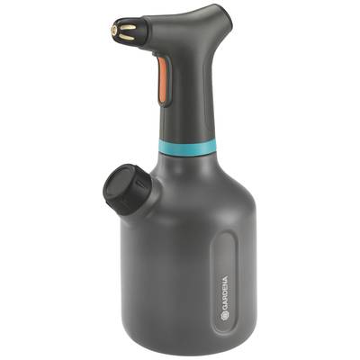 A black spray bottle with a blue accent and orange details. 'Gardena' marking visible on the side.
