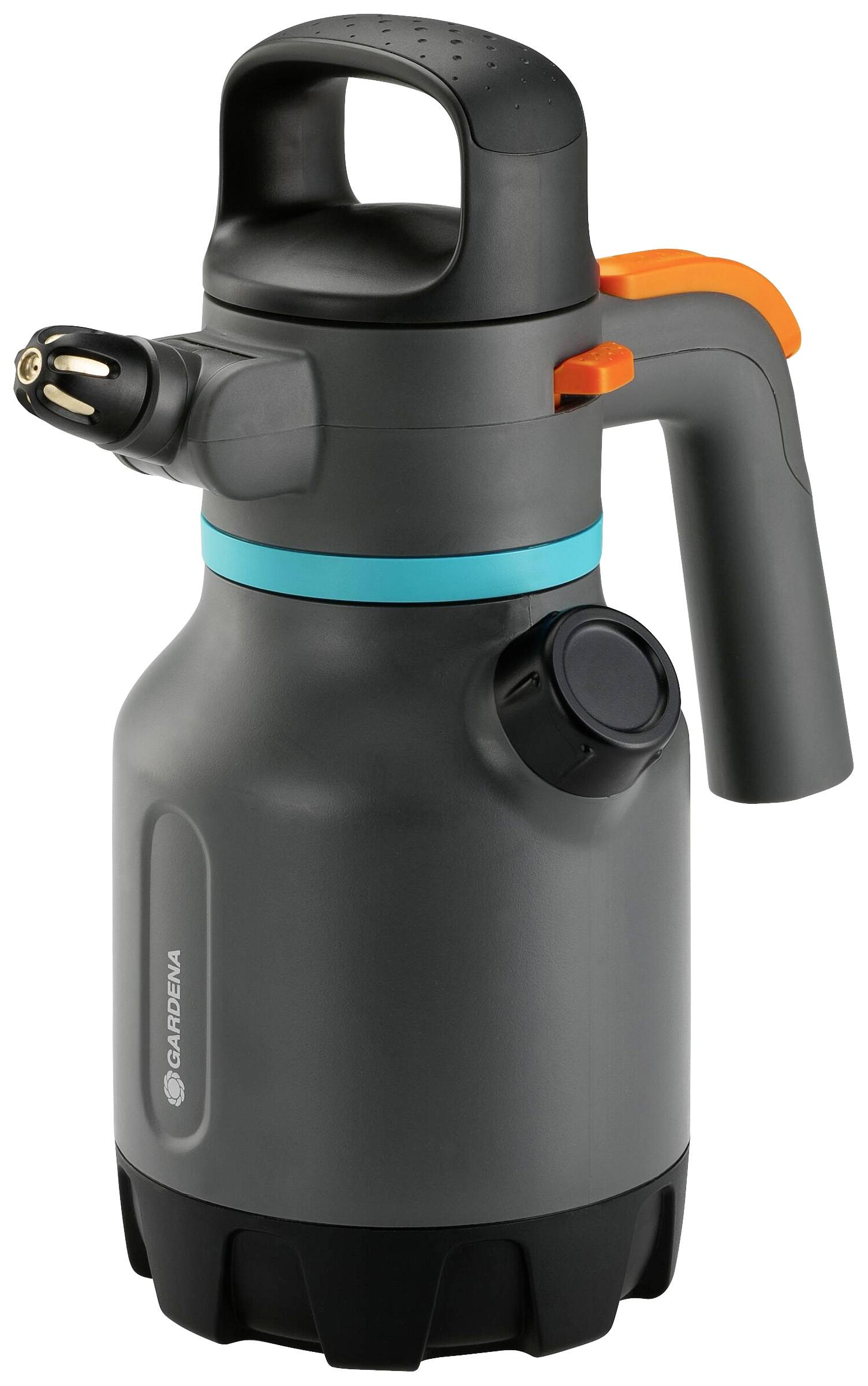 Grey-black hand pump sprayer with orange accents and blue marking, suitable for gardening or plant care.